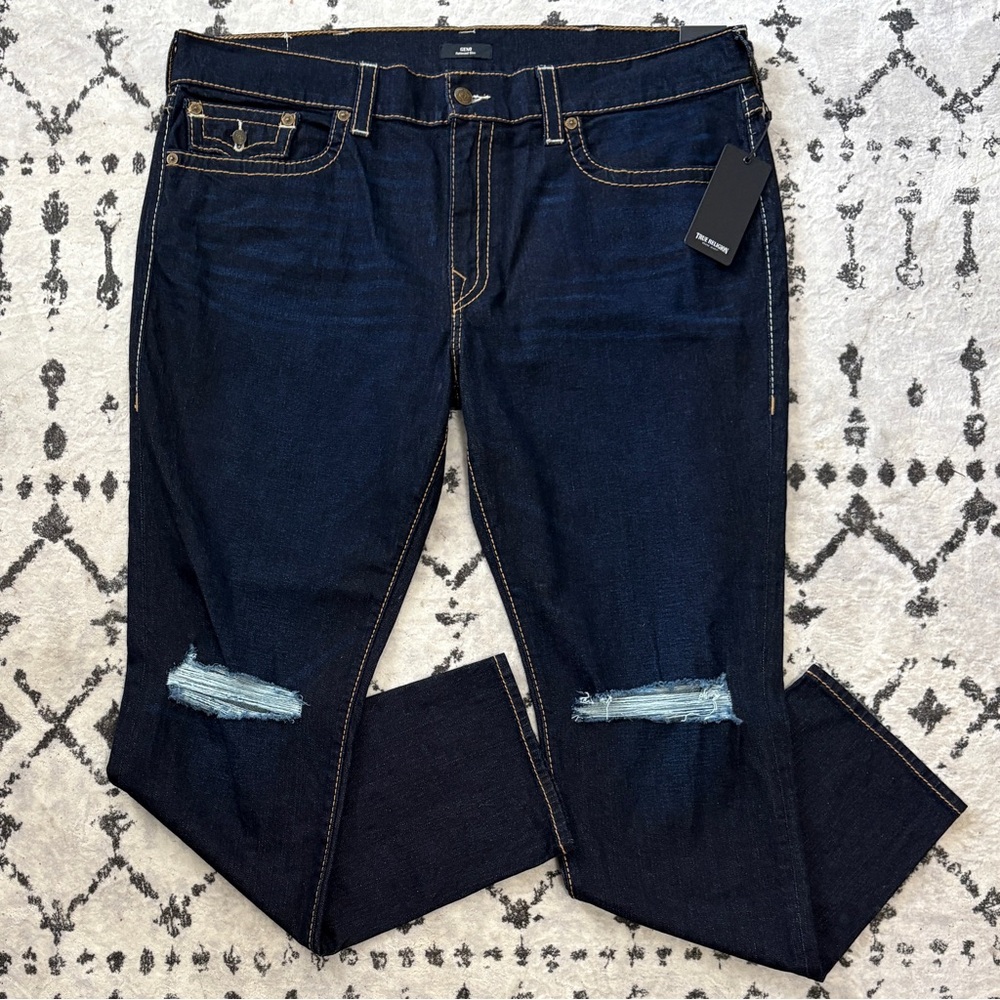 True Religion Geno Relaxed Slim Flap Jeans Men’s Size 44 Distressed Dark Wash